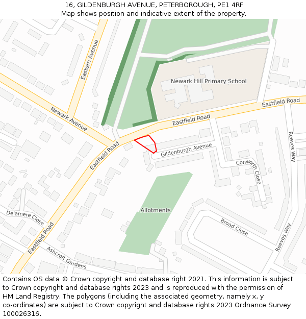 16, GILDENBURGH AVENUE, PETERBOROUGH, PE1 4RF: Location map and indicative extent of plot