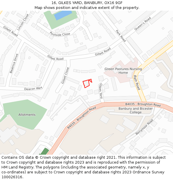16, GILKES YARD, BANBURY, OX16 9GF: Location map and indicative extent of plot
