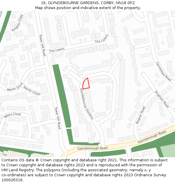 16, GLYNDEBOURNE GARDENS, CORBY, NN18 0PZ: Location map and indicative extent of plot