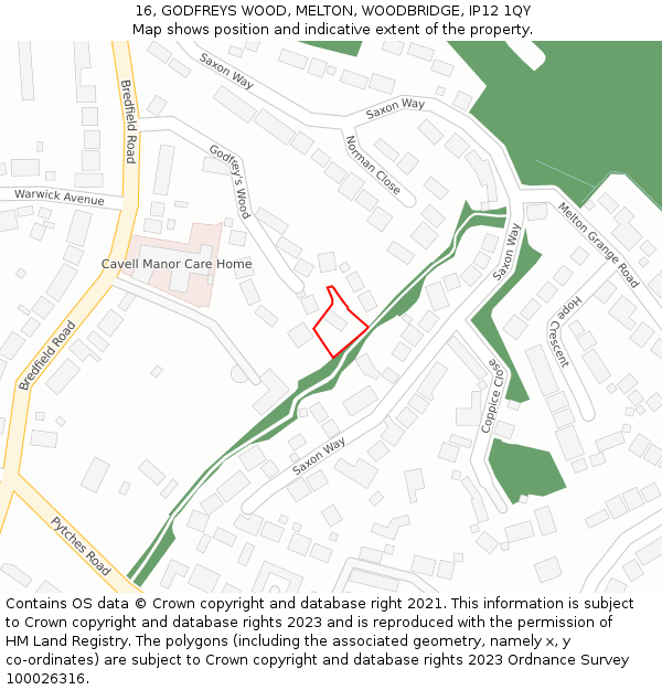 16, GODFREYS WOOD, MELTON, WOODBRIDGE, IP12 1QY: Location map and indicative extent of plot