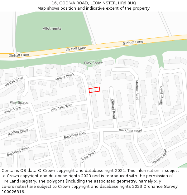 16, GODIVA ROAD, LEOMINSTER, HR6 8UQ: Location map and indicative extent of plot