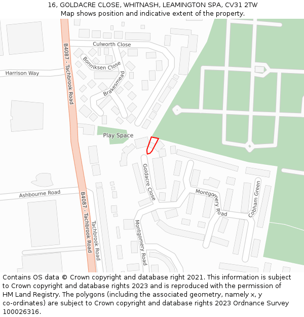16, GOLDACRE CLOSE, WHITNASH, LEAMINGTON SPA, CV31 2TW: Location map and indicative extent of plot
