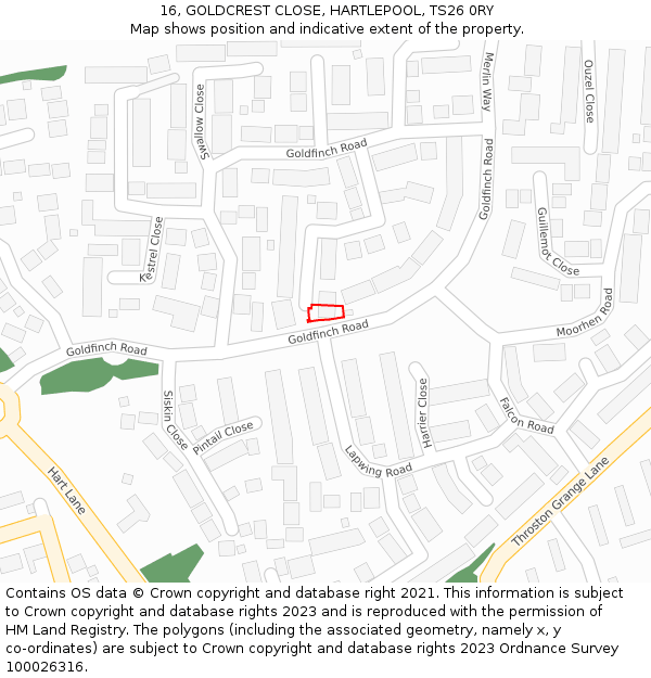 16, GOLDCREST CLOSE, HARTLEPOOL, TS26 0RY: Location map and indicative extent of plot