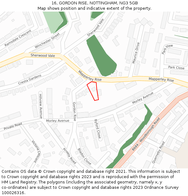 16, GORDON RISE, NOTTINGHAM, NG3 5GB: Location map and indicative extent of plot