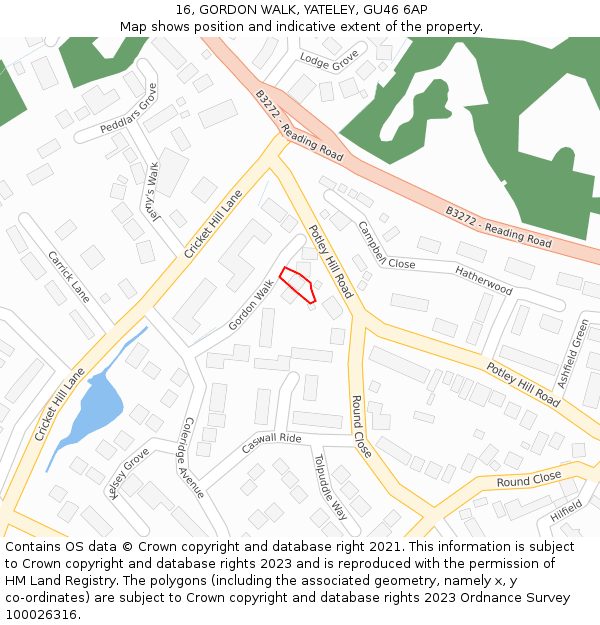 16, GORDON WALK, YATELEY, GU46 6AP: Location map and indicative extent of plot