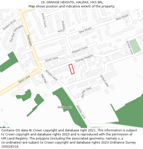 16, GRANGE HEIGHTS, HALIFAX, HX3 9RL: Location map and indicative extent of plot