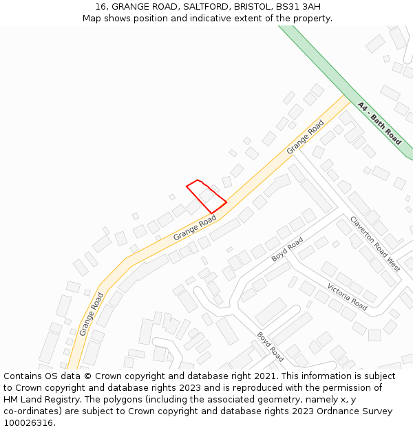 16, GRANGE ROAD, SALTFORD, BRISTOL, BS31 3AH: Location map and indicative extent of plot