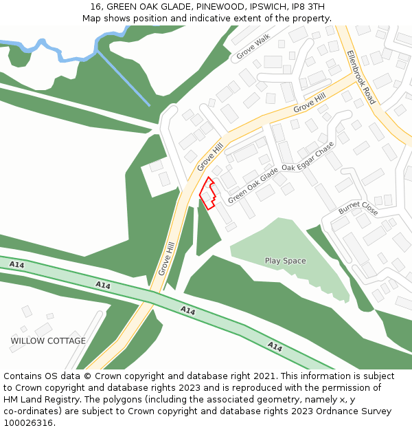 16, GREEN OAK GLADE, PINEWOOD, IPSWICH, IP8 3TH: Location map and indicative extent of plot