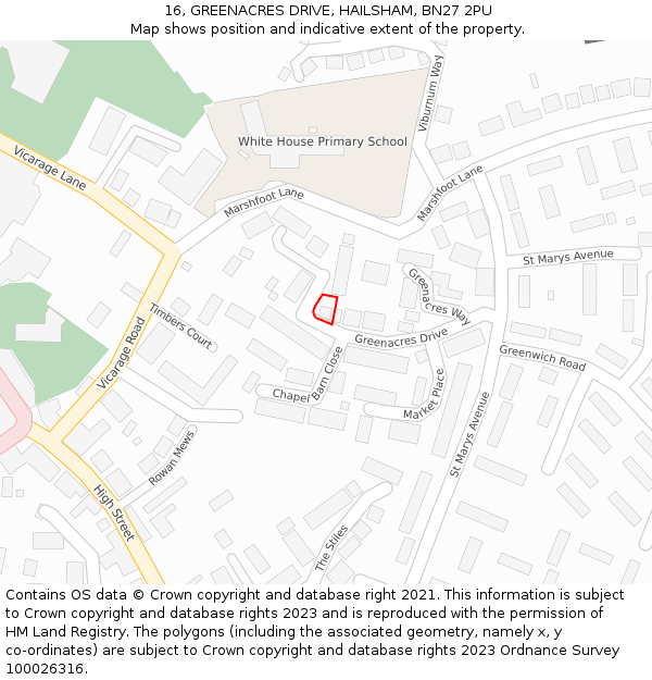 16, GREENACRES DRIVE, HAILSHAM, BN27 2PU: Location map and indicative extent of plot