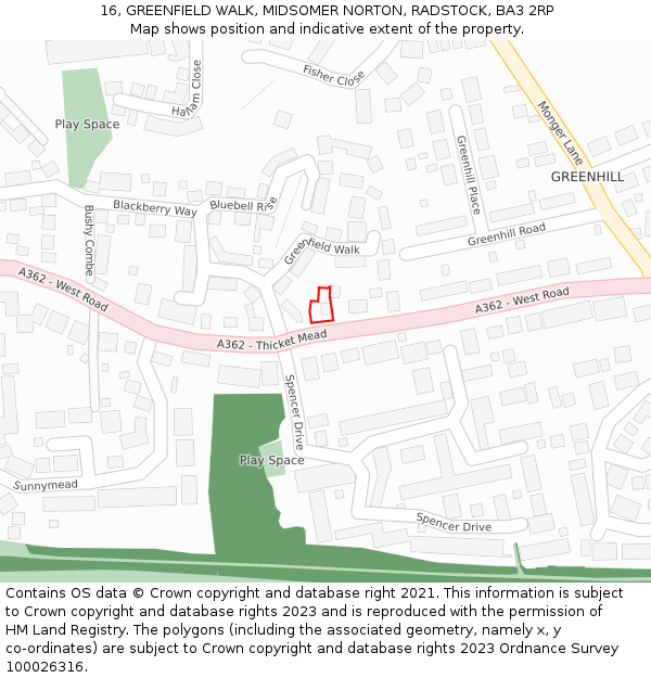 16, GREENFIELD WALK, MIDSOMER NORTON, RADSTOCK, BA3 2RP: Location map and indicative extent of plot