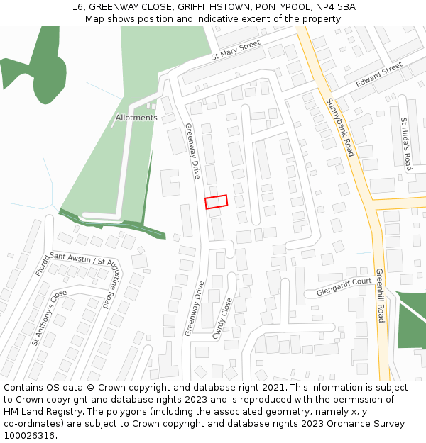 16, GREENWAY CLOSE, GRIFFITHSTOWN, PONTYPOOL, NP4 5BA: Location map and indicative extent of plot