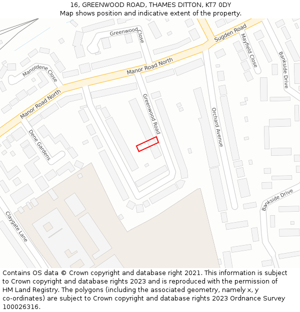 16, GREENWOOD ROAD, THAMES DITTON, KT7 0DY: Location map and indicative extent of plot
