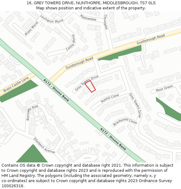16, GREY TOWERS DRIVE, NUNTHORPE, MIDDLESBROUGH, TS7 0LS: Location map and indicative extent of plot