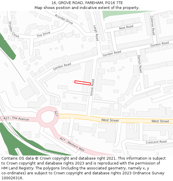 16, GROVE ROAD, FAREHAM, PO16 7TE: Location map and indicative extent of plot