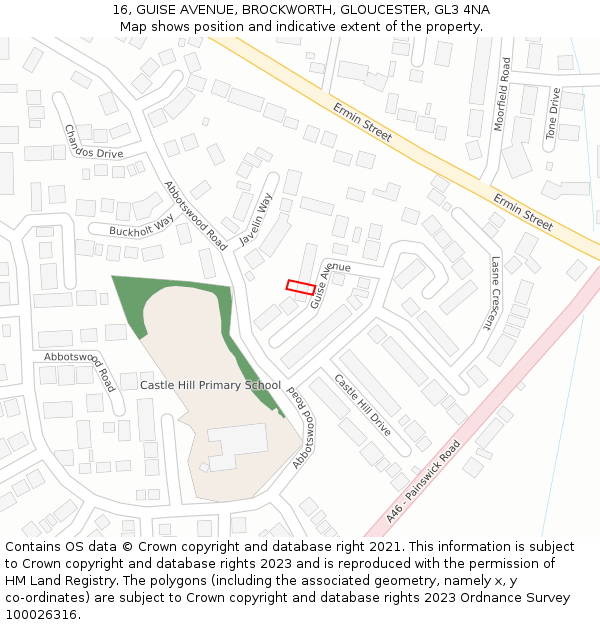 16, GUISE AVENUE, BROCKWORTH, GLOUCESTER, GL3 4NA: Location map and indicative extent of plot