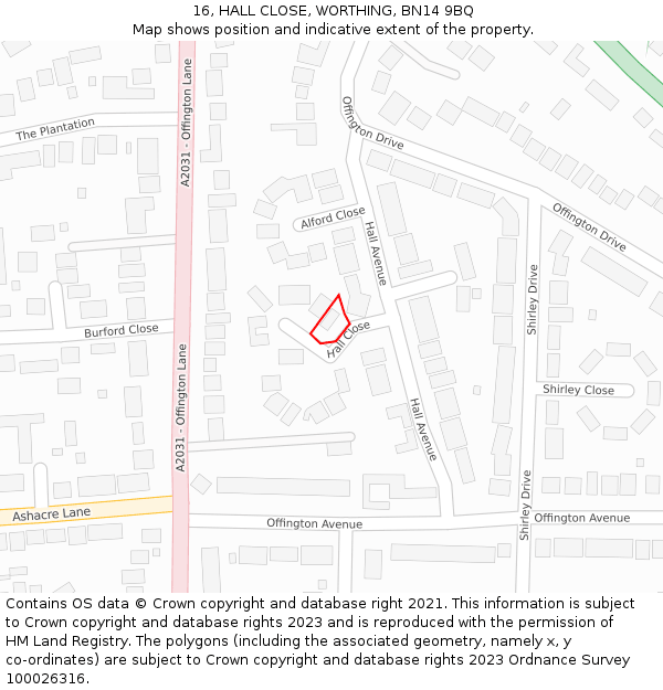 16, HALL CLOSE, WORTHING, BN14 9BQ: Location map and indicative extent of plot