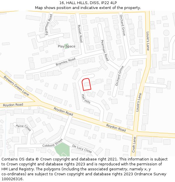 16, HALL HILLS, DISS, IP22 4LP: Location map and indicative extent of plot