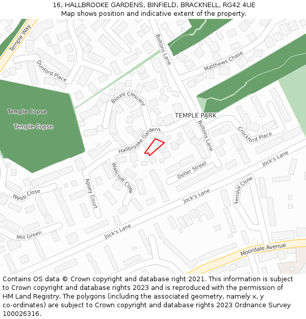 16, HALLBROOKE GARDENS, BINFIELD, BRACKNELL, RG42 4UE: Location map and indicative extent of plot