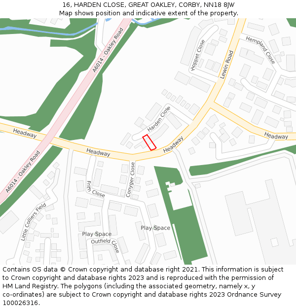 16, HARDEN CLOSE, GREAT OAKLEY, CORBY, NN18 8JW: Location map and indicative extent of plot