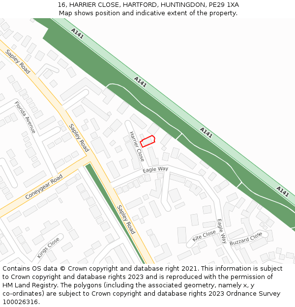 16, HARRIER CLOSE, HARTFORD, HUNTINGDON, PE29 1XA: Location map and indicative extent of plot