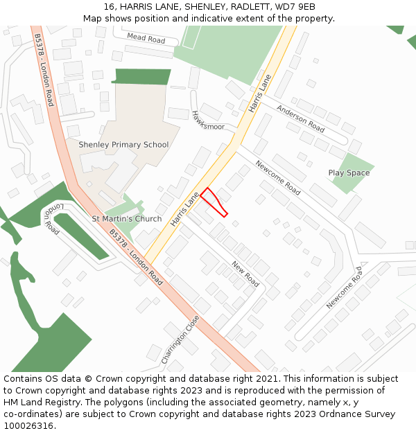 16, HARRIS LANE, SHENLEY, RADLETT, WD7 9EB: Location map and indicative extent of plot