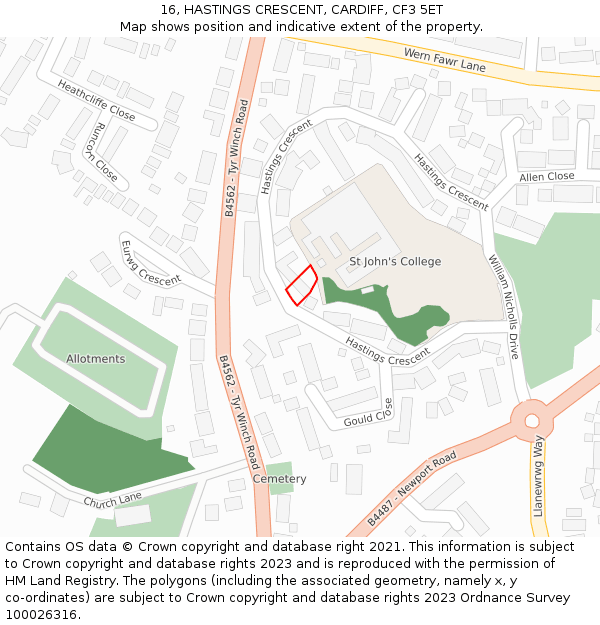16, HASTINGS CRESCENT, CARDIFF, CF3 5ET: Location map and indicative extent of plot