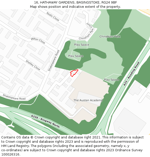 16, HATHAWAY GARDENS, BASINGSTOKE, RG24 9BF: Location map and indicative extent of plot