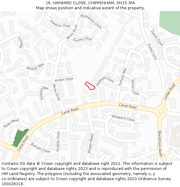 16, HAYWARD CLOSE, CHIPPENHAM, SN15 3FA: Location map and indicative extent of plot