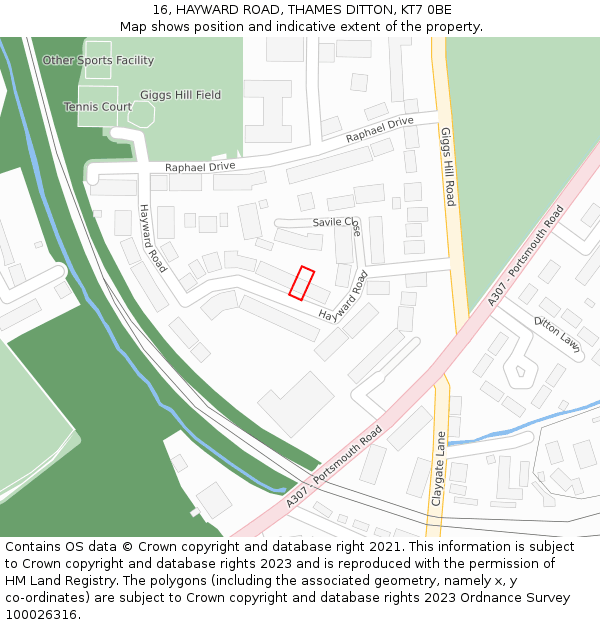 16, HAYWARD ROAD, THAMES DITTON, KT7 0BE: Location map and indicative extent of plot