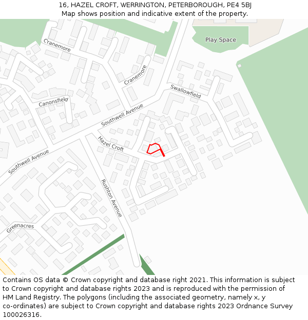 16, HAZEL CROFT, WERRINGTON, PETERBOROUGH, PE4 5BJ: Location map and indicative extent of plot