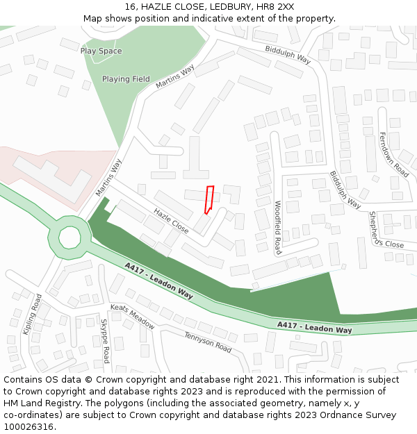 16, HAZLE CLOSE, LEDBURY, HR8 2XX: Location map and indicative extent of plot