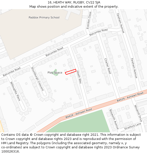 16, HEATH WAY, RUGBY, CV22 5JA: Location map and indicative extent of plot