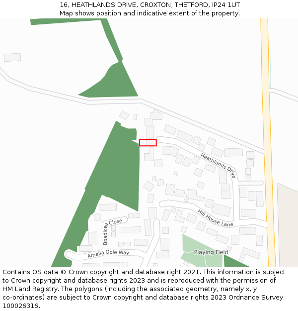 16, HEATHLANDS DRIVE, CROXTON, THETFORD, IP24 1UT: Location map and indicative extent of plot