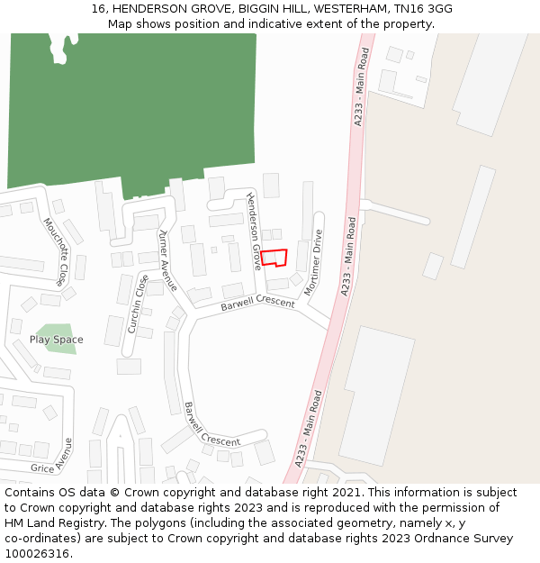 16, HENDERSON GROVE, BIGGIN HILL, WESTERHAM, TN16 3GG: Location map and indicative extent of plot