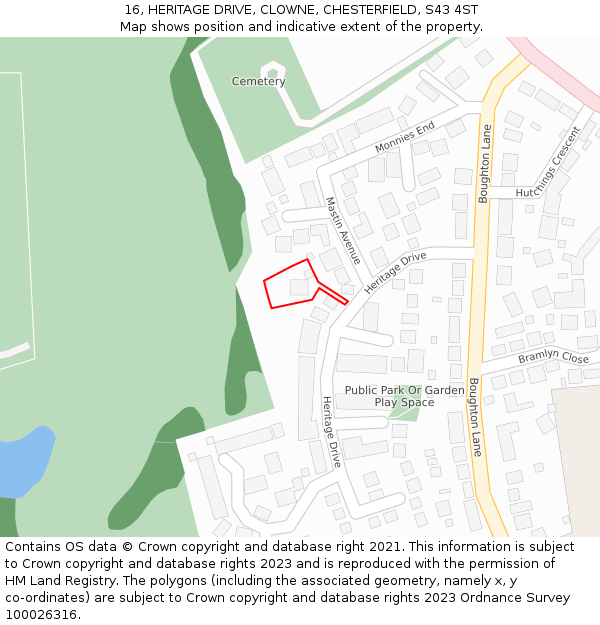 16, HERITAGE DRIVE, CLOWNE, CHESTERFIELD, S43 4ST: Location map and indicative extent of plot