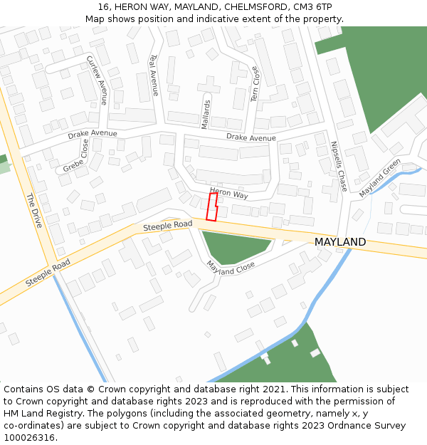 16, HERON WAY, MAYLAND, CHELMSFORD, CM3 6TP: Location map and indicative extent of plot