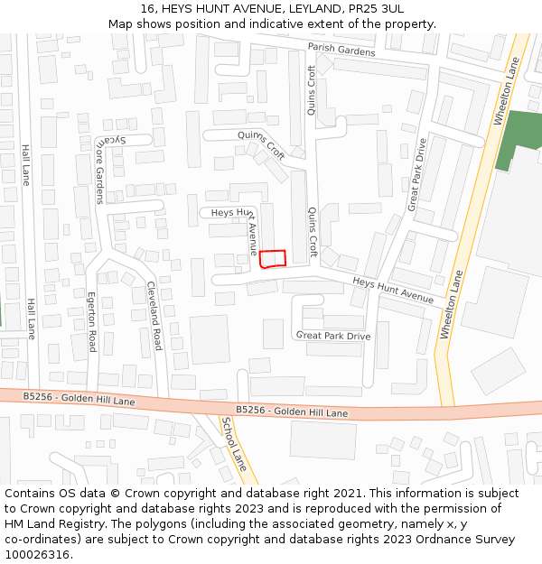 16, HEYS HUNT AVENUE, LEYLAND, PR25 3UL: Location map and indicative extent of plot