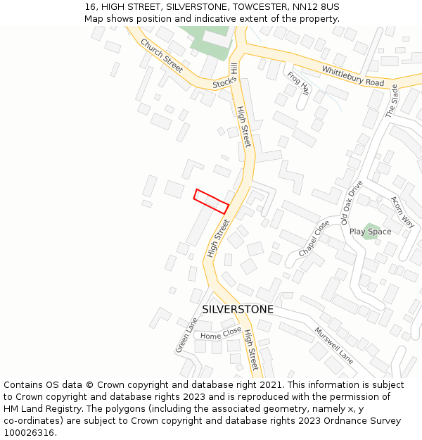 16, HIGH STREET, SILVERSTONE, TOWCESTER, NN12 8US: Location map and indicative extent of plot
