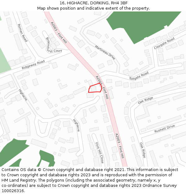 16, HIGHACRE, DORKING, RH4 3BF: Location map and indicative extent of plot