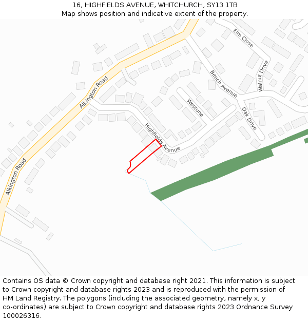 16, HIGHFIELDS AVENUE, WHITCHURCH, SY13 1TB: Location map and indicative extent of plot