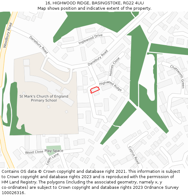 16, HIGHWOOD RIDGE, BASINGSTOKE, RG22 4UU: Location map and indicative extent of plot