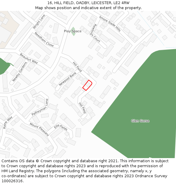 16, HILL FIELD, OADBY, LEICESTER, LE2 4RW: Location map and indicative extent of plot