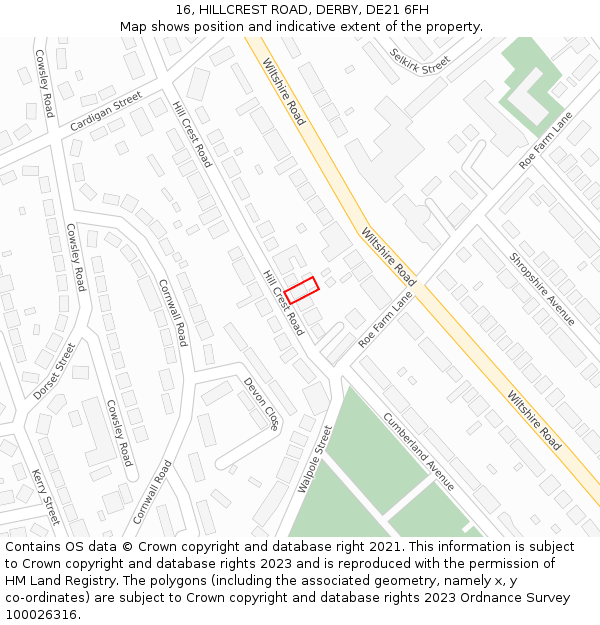 16, HILLCREST ROAD, DERBY, DE21 6FH: Location map and indicative extent of plot