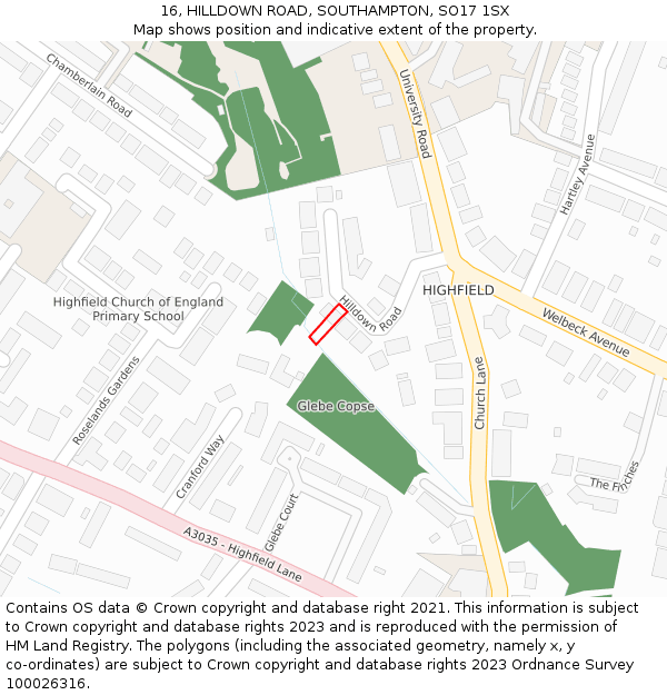 16, HILLDOWN ROAD, SOUTHAMPTON, SO17 1SX: Location map and indicative extent of plot