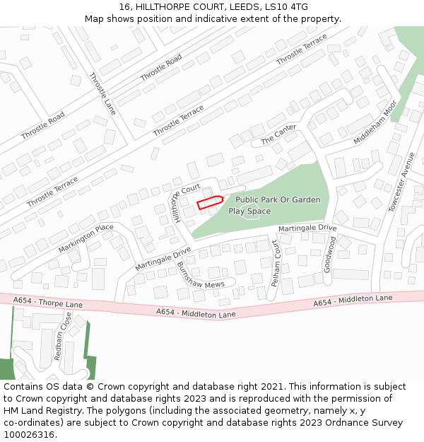 16, HILLTHORPE COURT, LEEDS, LS10 4TG: Location map and indicative extent of plot