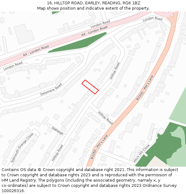 16, HILLTOP ROAD, EARLEY, READING, RG6 1BZ: Location map and indicative extent of plot