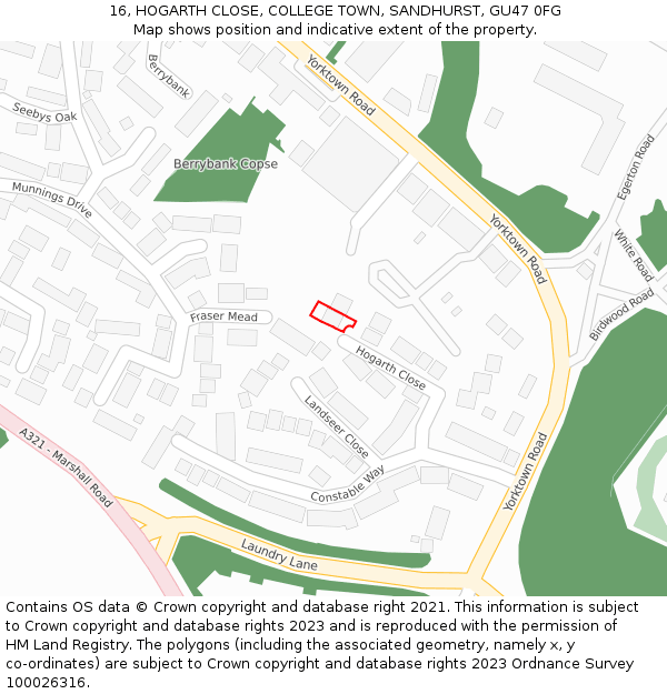 16, HOGARTH CLOSE, COLLEGE TOWN, SANDHURST, GU47 0FG: Location map and indicative extent of plot