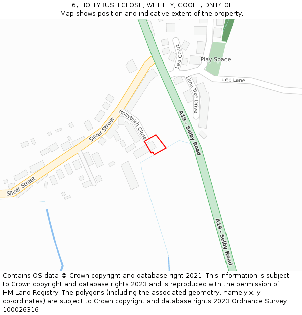 16, HOLLYBUSH CLOSE, WHITLEY, GOOLE, DN14 0FF: Location map and indicative extent of plot