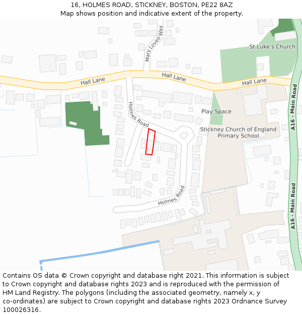 16, HOLMES ROAD, STICKNEY, BOSTON, PE22 8AZ: Location map and indicative extent of plot