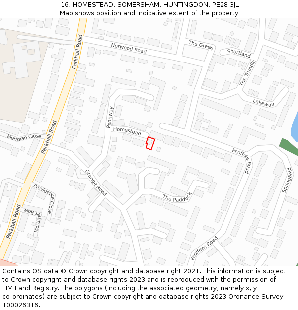 16, HOMESTEAD, SOMERSHAM, HUNTINGDON, PE28 3JL: Location map and indicative extent of plot